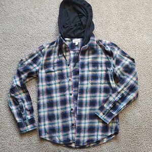 Plaid Button Down Shirt with Hood - Blue, Yellow, Black and Pink